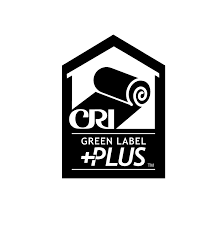 Black and white logo with a rolled carpet inside a house outline above the text "CRI Green Label icon.