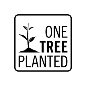 A black and white graphic features the "one tree planted" product name in bold capitals and a young plant with three leaves.