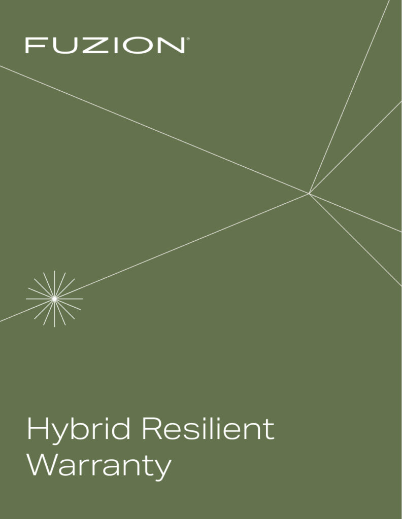 The "Warranty-PDF-Hybrid_Resilient" features an olive green cover with white geometric lines, the "FUZION" logo at the top, and "Hybrid Resilient Warranty" text at the bottom.