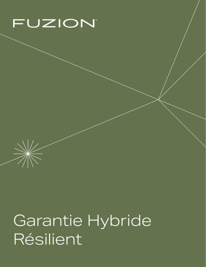 Olive green background with white geometric lines, Warranty-PDF-Hybrid_Resilient-FR logo at top, and text reading "Garantie Hybride Résilient" at the bottom.