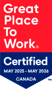 The "certificationbadge_may2025" is a Great Place to Work Certified badge for Canada, valid from May 2025 to May 2026, featuring red and blue color blocks with white text.