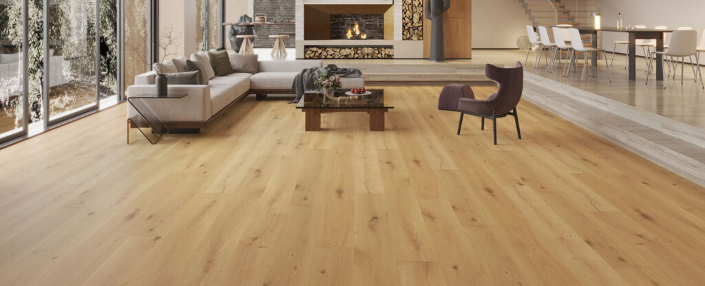 The Aurora-Breeze features a spacious modern living room with light wood flooring, sectional sofa, fireplace, coffee table, and large windows framing snowy views. A dining area and staircase complete the stylish open layout.