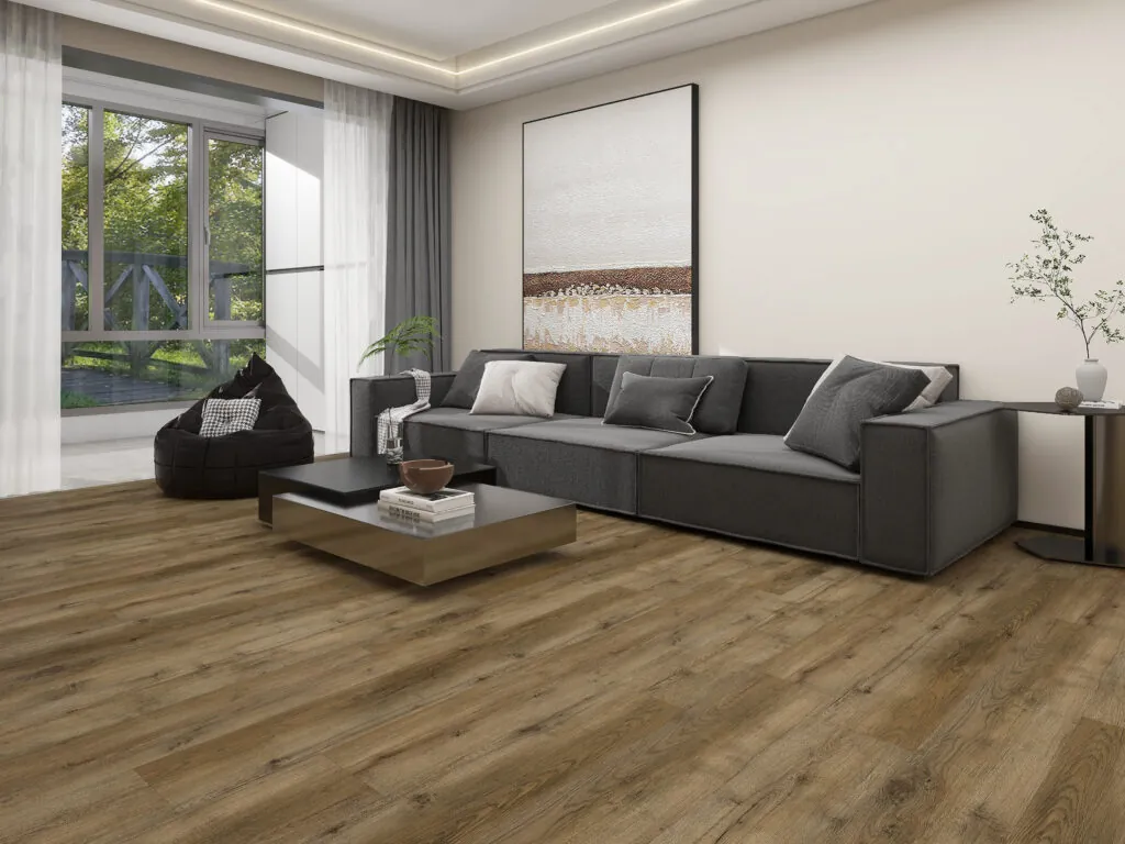 Modern living room featuring Roomscene-SmartDrop Elite 9-Thornbark flooring, a gray sectional sofa, low coffee table, bean bag chair, wall art, and a large window with sheer curtains.