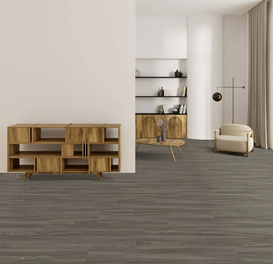 Create a minimalist living room featuring the Screenshot 2026-02-18 085750 wood furniture, open shelves, a light armchair, gray wood flooring, beige curtains, and neutral walls.