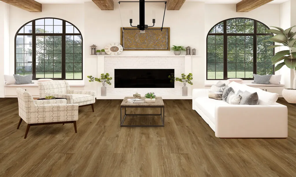 Bright living room with wood floors, white furniture, a black-framed fireplace, large arched windows fitted with SmartDrop 9-Honeycomb shades, decorative ceiling beams, and a coffee table in the center.