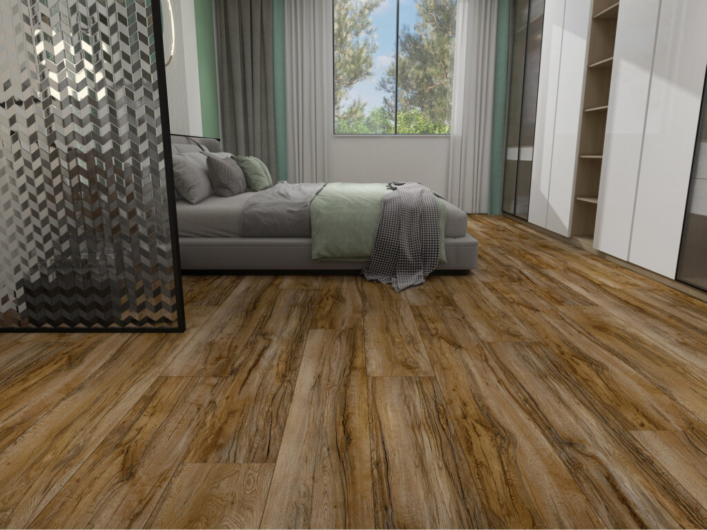 The modern bedroom features a low bed with Wild West Dawn green and gray bedding, wooden floors, a large window with sheer curtains, an open closet, and a decorative screen divider.