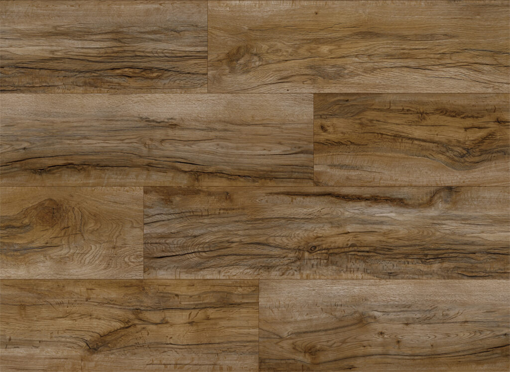 Wild West Dawn laminate flooring features a natural wood-look grain and a blend of medium to dark brown tones in a staggered plank design.