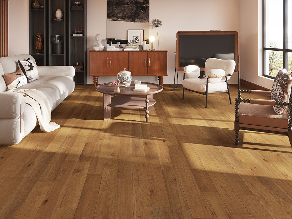 A living room featuring Casa-Bella-Mink-web light wood flooring, a white sofa, two armchairs, a round wooden coffee table, a cabinet, a TV, and large windows that flood the space with natural light.