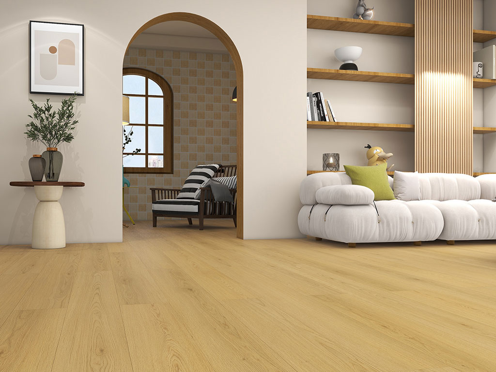 Modern living room with Clam-Shell-Oak-web flooring, white sofa, built-in shelves, and an archway leading to a bright seating area featuring a striped chair and checkered wall.
