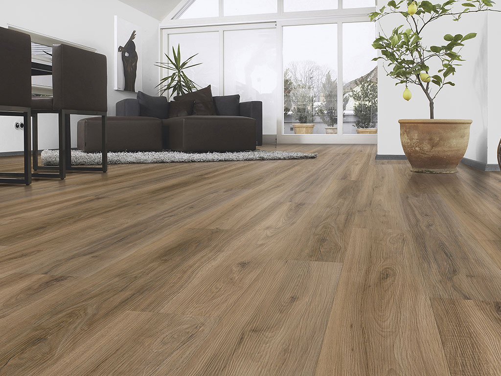A modern living room with large windows features dark furniture, a potted plant, and Dynamix-Endure---Amistad wood-look flooring. Natural light fills the space, highlighting its spacious and clean design.