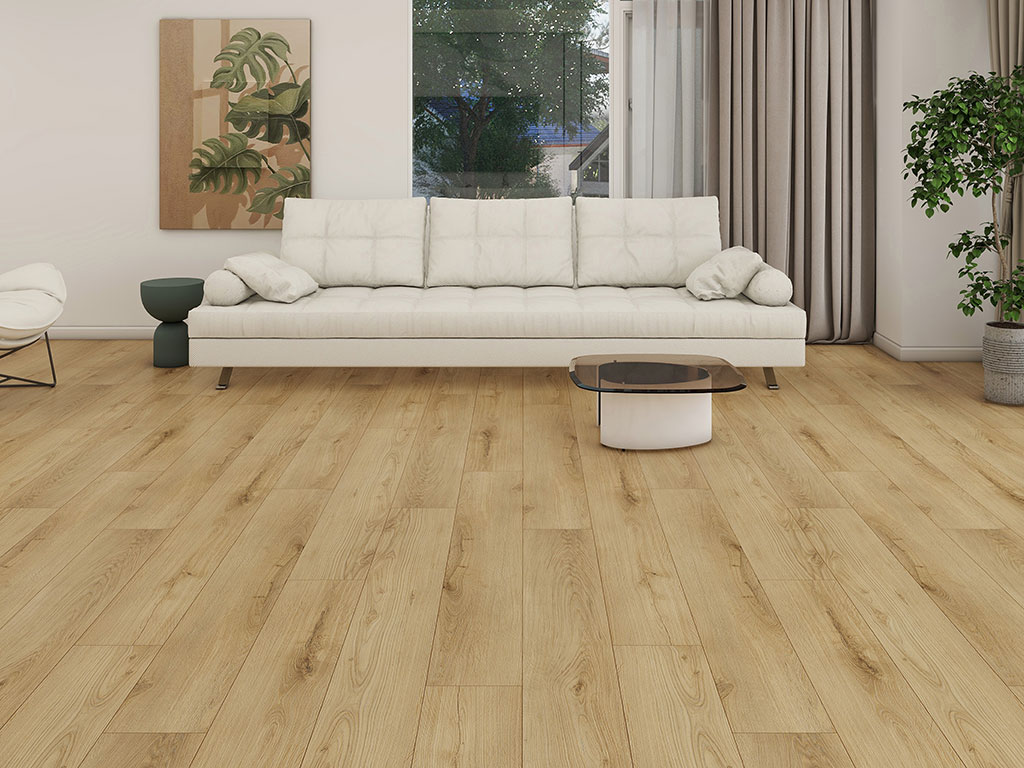 A modern living room features Dynamix-Lone-Star-Ranchers-Front-web light wood flooring, a white sofa with cushions, a glass coffee table, a side table, plant artwork on the wall, and large windows with curtains.