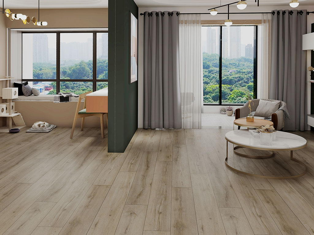 Modern living room with large windows, a desk, armchair, coffee table, cat furniture, and Dynamix-XL-Plank-Willow-Grove-web wood flooring; filled with natural light and views of trees outside.