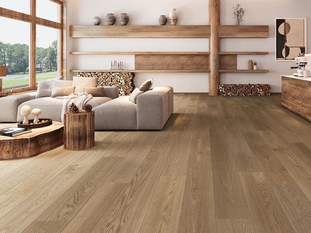 Spacious living room with Quiet-Orchard-web light wood flooring, a modern beige sectional sofa, wooden shelves, and large windows for natural light.
