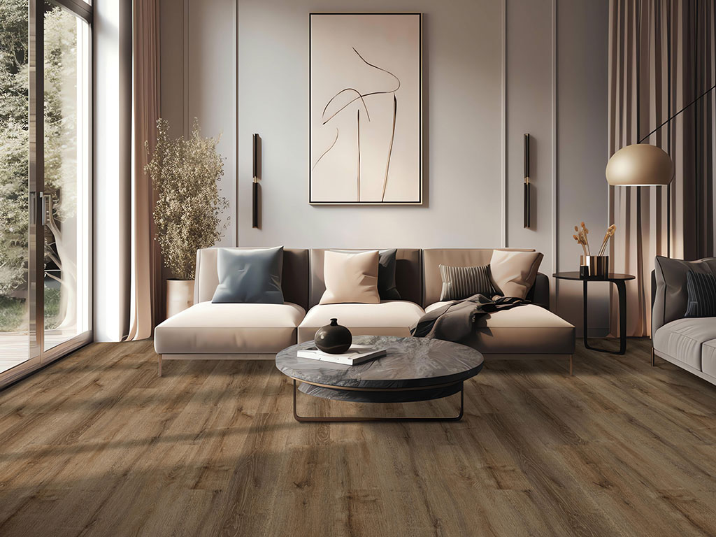 Modern living room featuring the SmartDrop-Elite-9---Oxford beige sectional sofa, complemented by abstract wall art, a marble coffee table, floor lamp, and large windows that fill the space with natural light.